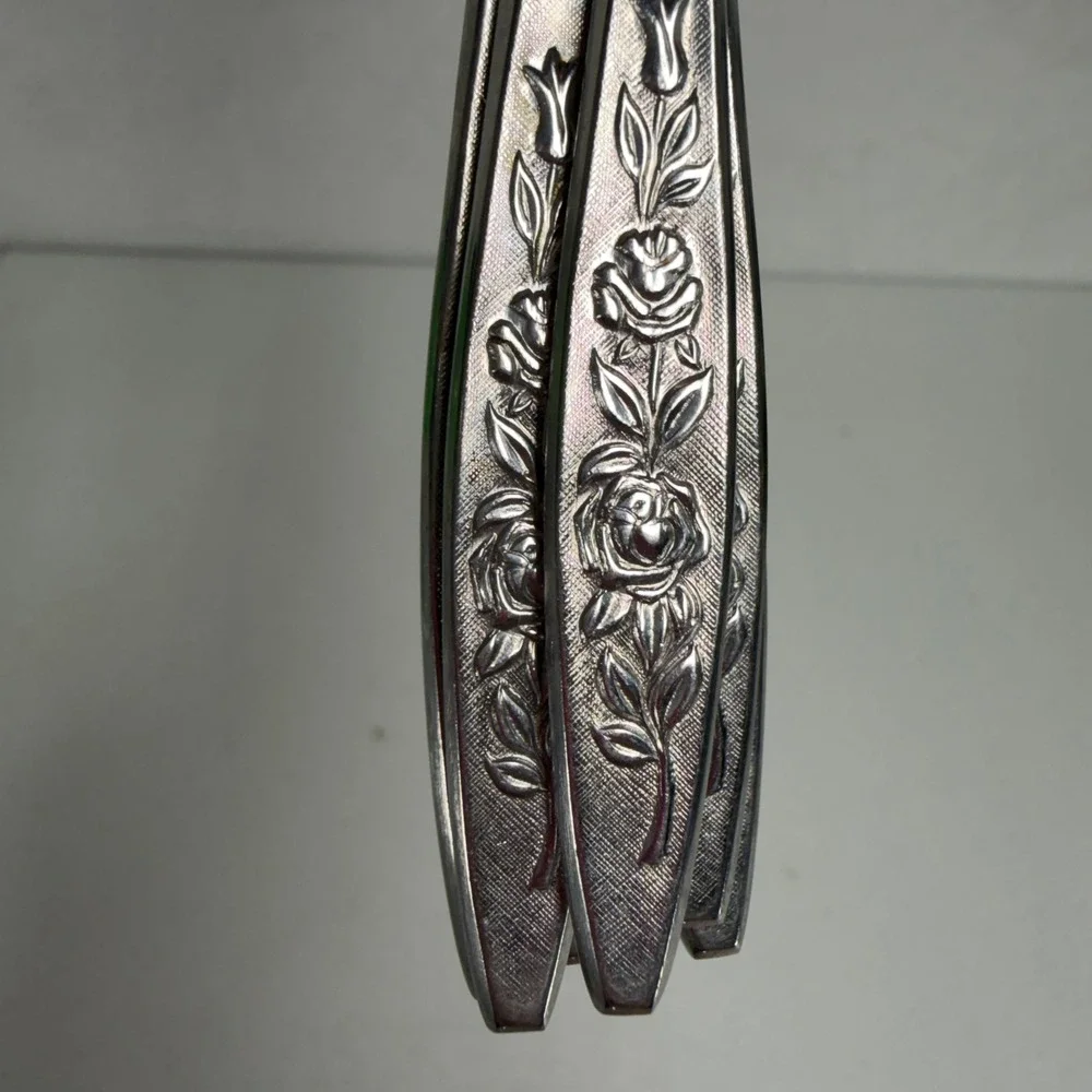 Eldan 6 Olive Cocktail Forks Set of 7 Rose Floral Embossed Japan Stainless Steel